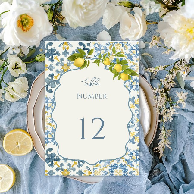 Elegant Italian Blue Tile Lemon Wedding Table Number (Creator Uploaded)