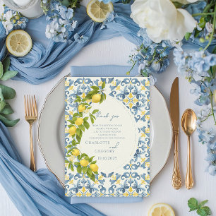 Elegant Italian Blue Tile Lemon Wedding Thank You Card