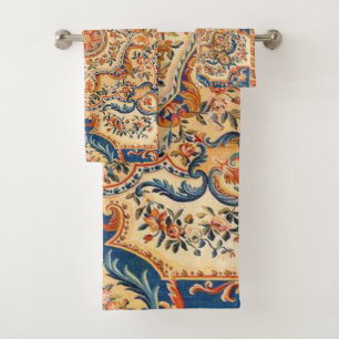 Elegant Italian Vintage Baroque Blue Orange  Bath Towel Set