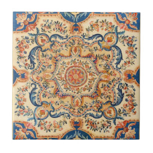 Elegant Italian Vintage Baroque Blue Orange Tile