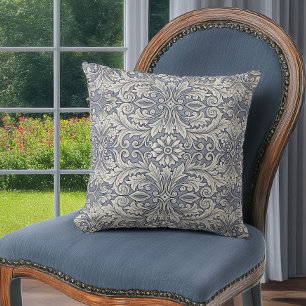 Elegant Italianate Damask in Slate Blue and Cream Cushion
