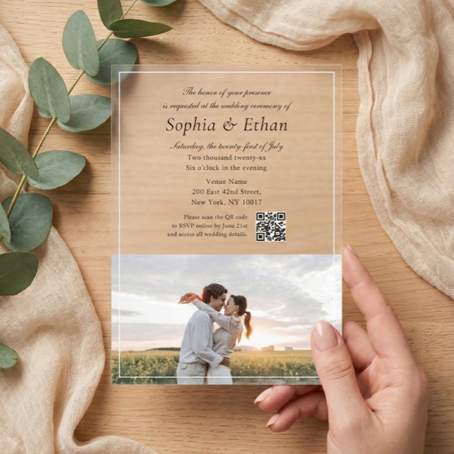 Elegant Italic Script Photo QR Code Acrylic Invitations (Creator Uploaded)