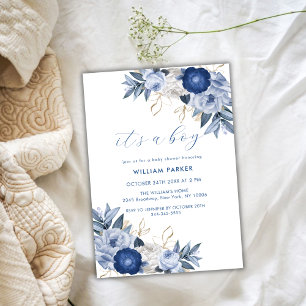 Elegant It's A Boy Blue White Floral Baby Shower Invitation