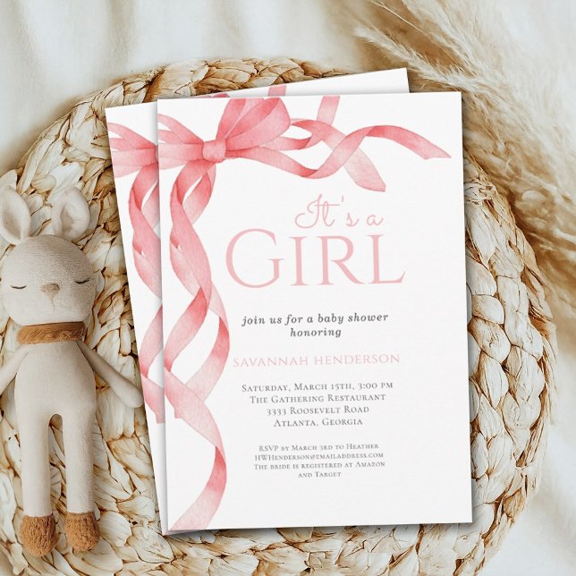 Elegant It's a Girl Pink Bow Baby Shower Invitation (Creator Uploaded)