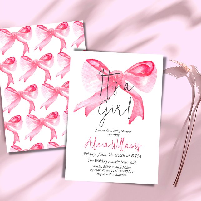 Elegant It's a Girl Ribbon Pink Bow Baby  Shower Invitation (Creator Uploaded)
