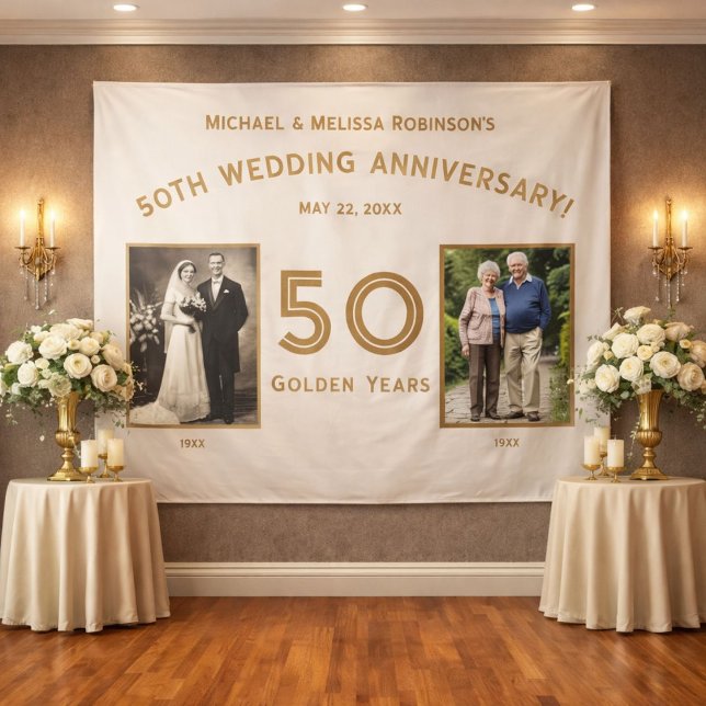 Elegant Ivory and Gold 50th Anniversary Banner  Tapestry (Elegant 50th anniversary backdrop styled with florals and classic wall sconces.)