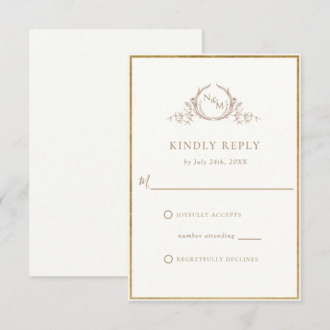 Elegant Ivory and Gold Monogram Wedding RSVP Card (Front/Back)