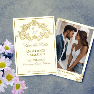 Elegant ivory and gold vintage wedding photo save the date