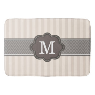 Elegant Ivory Beige Stripes Brown Custom Monogram Bath Mat