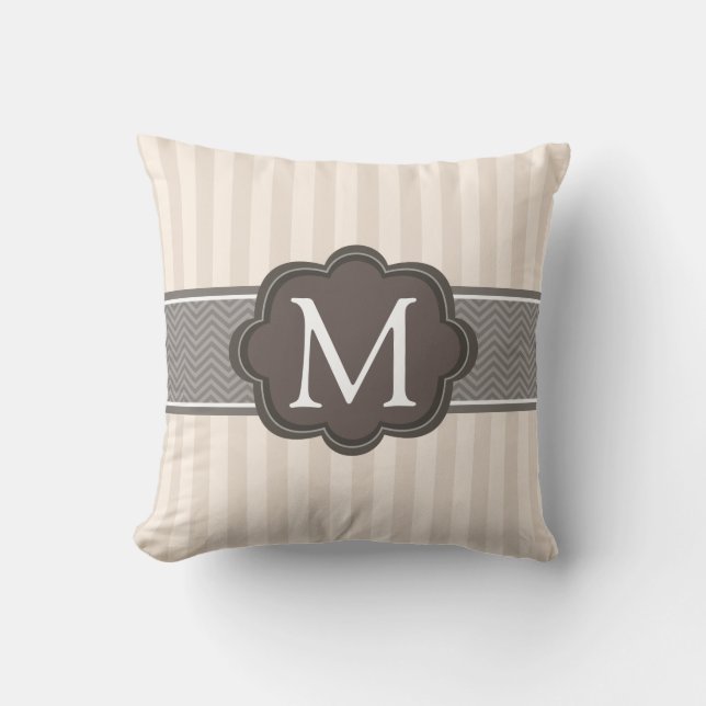 Elegant Ivory Beige Stripes Brown Custom Monogram Cushion (Front)