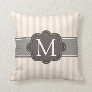 Elegant Ivory Beige Stripes Brown Custom Monogram Cushion