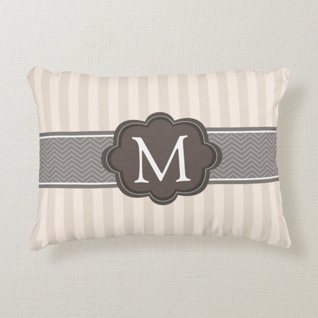 Elegant Ivory Beige Stripes Brown Custom Monogram Decorative Cushion (Front)