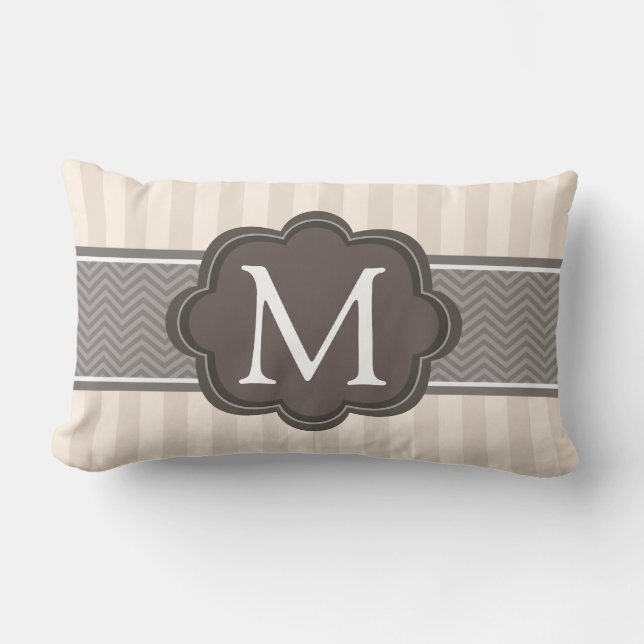 Elegant Ivory Beige Stripes Brown Custom Monogram Lumbar Cushion (Front)