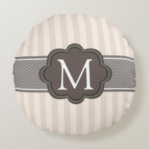 Elegant Ivory Beige Stripes Brown Custom Monogram Round Cushion