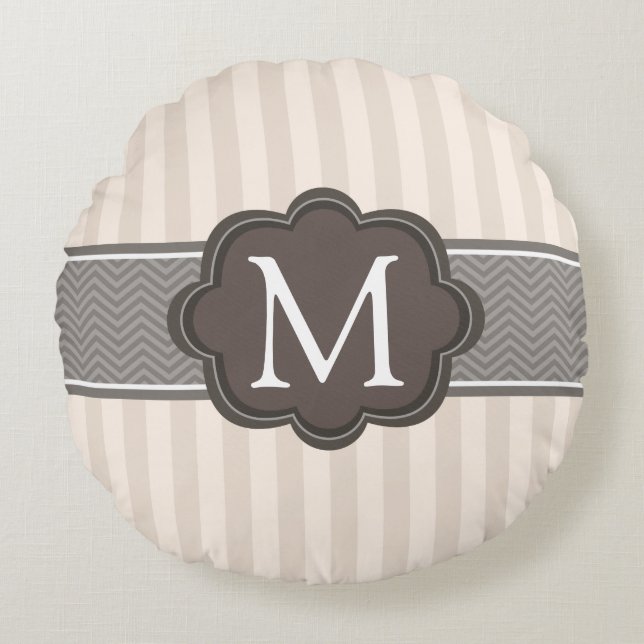 Elegant Ivory Beige Stripes Brown Custom Monogram Round Cushion (Front)