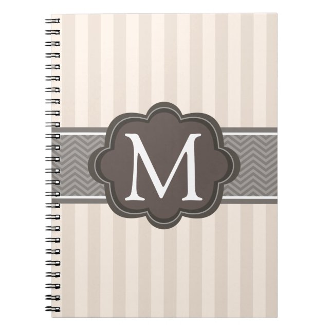 Elegant Ivory Beige Stripes Brown Custom Monogram Spiral Notebook (Front)