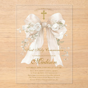Elegant Ivory Bow First Holy Communion Girl Acrylic Invitations