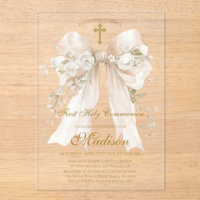 Elegant Ivory Bow First Holy Communion Girl Acrylic Invitations (Front)