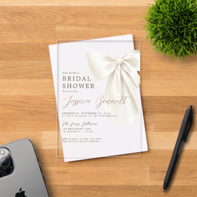 Elegant Ivory Bow Romantic Bridal Shower Neutral  Acrylic Invitations (Insitu (Invitation Card))