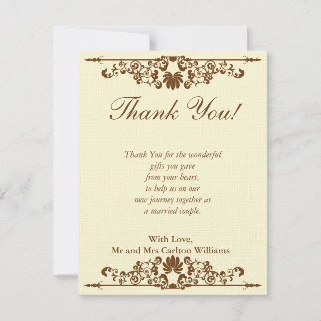 Elegant Ivory/Brown Wedding Flat Thank You Card (Front)