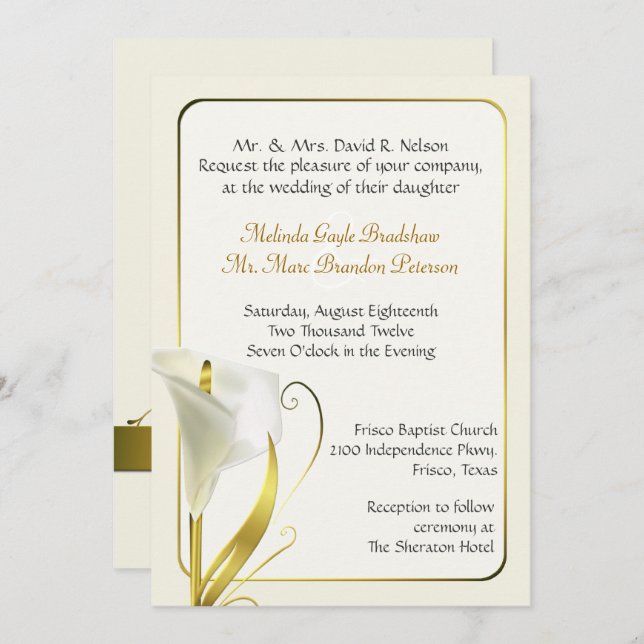Elegant Ivory Calla Lily Wedding Invitation (Front/Back)