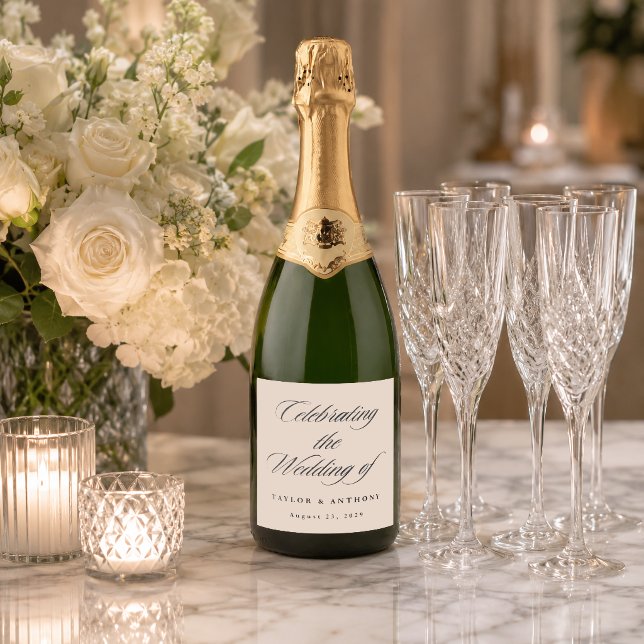 Elegant Ivory Calligraphy Script Custom Wedding Sparkling Wine Label (Creator Uploaded)