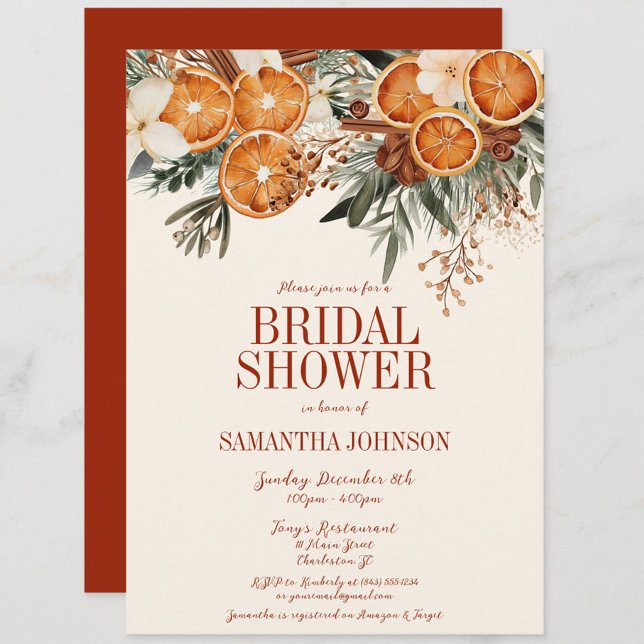 Elegant Ivory Citrus Floral Bridal Shower Invitation (Ivory Orange Citrus Floral Bridal Shower Invitation, Christmas, Fall Autumn, Elegant Modern Wedding)
