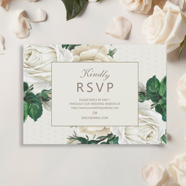 Elegant Ivory Cream Floral Wedding RSVP Card (Elegant white vintage roses wedding RSVP card)