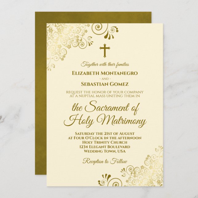 Elegant Ivory Cream & Gold Modern Catholic Wedding Invitation (Front/Back)