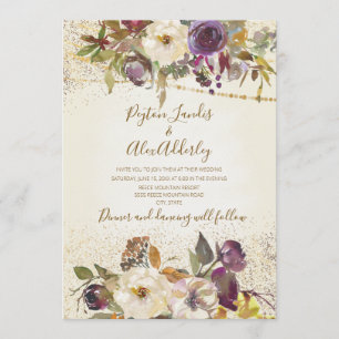 Elegant Ivory Cream Purple Floral Glitter Wedding Invitation