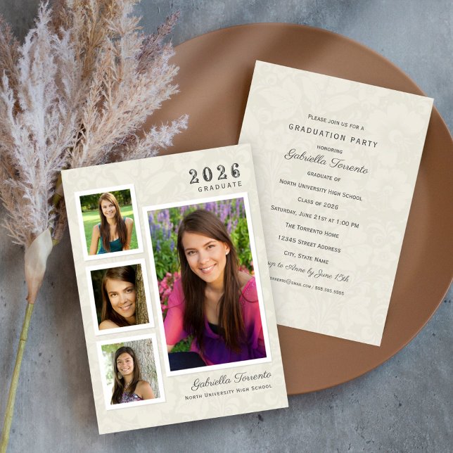 Elegant Ivory Damask 2026 Photo Graduation Party Invitation (Creator Uploaded)
