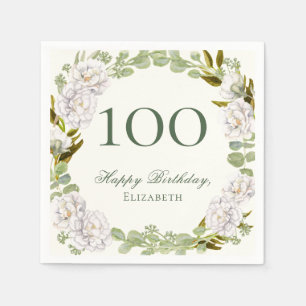 Elegant Ivory Floral 100th Birthday Napkins