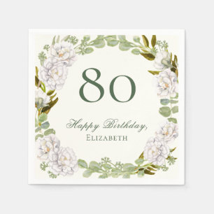 Elegant Ivory Floral 80th Birthday Napkins
