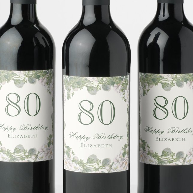 Elegant Ivory Floral 80th Birthday Wine Label (Creator Uploaded)