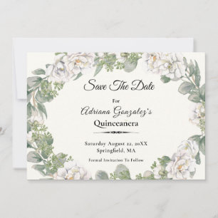 Elegant Ivory Floral and Sage Green Quinceanera Save The Date