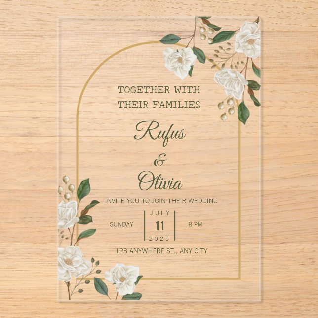 Elegant Ivory Floral Arch Wedding Invite Acrylic Invitations (Front)