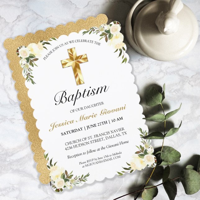 Elegant Ivory Floral Baby Baptism Invitation (Creator Uploaded)
