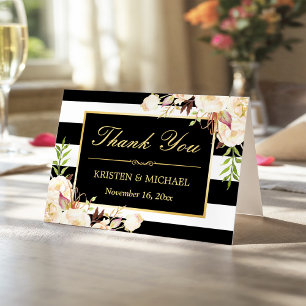 Elegant Ivory Floral Black White Stripes Thank You