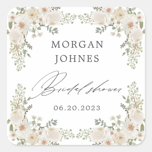elegant ivory floral bridal shower square sticker (Front)