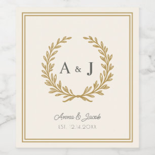 Elegant Ivory Floral Crest Monogram Wedding Wine Label