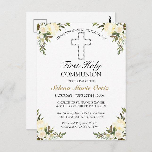 Elegant Ivory Floral First Holy Communion Postcard (Front/Back)