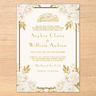 Elegant Ivory Floral Gold Glitter Islamic Wedding Acrylic Invitations