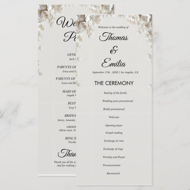 Elegant ivory floral minimalist wedding program programme (Front/Back)