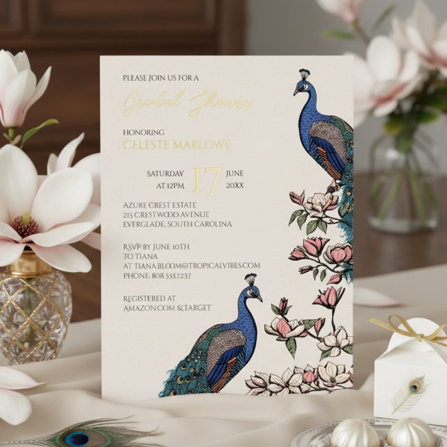 Elegant Ivory Floral Peacock Bridal Shower (Elegant Ivory, Gold Foil Floral Peacock Bridal Shower Invitations for Her. Classy Bird Teal Feathers)