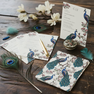 Elegant Ivory Floral Peacock Wedding Invitation