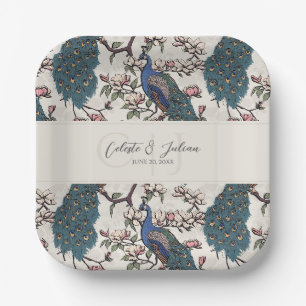 Elegant Ivory Floral Peacock Wedding Paper Plate
