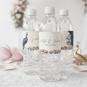 Elegant Ivory Floral Peacock Wedding Water Bottle Label