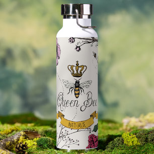 Elegant Ivory Floral Queen Bee Personalised Water Bottle