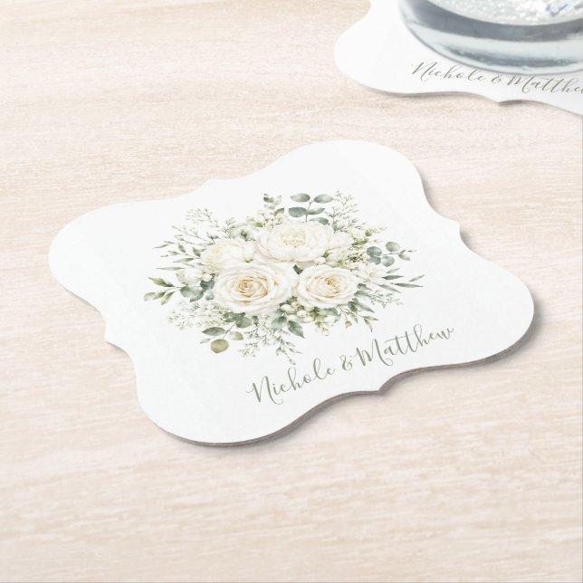 Elegant Ivory Floral Wedding Paper Coaster (Angled)