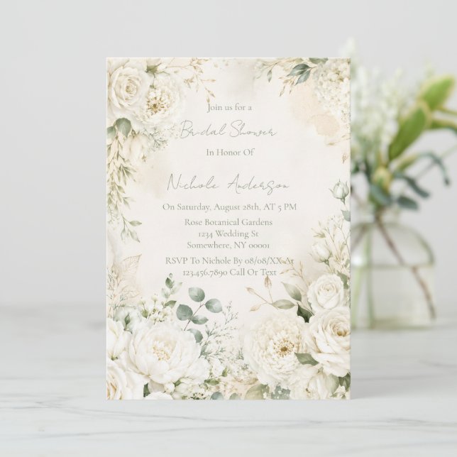 Elegant Ivory Florals Bridal Shower  Invitation (Standing Front)